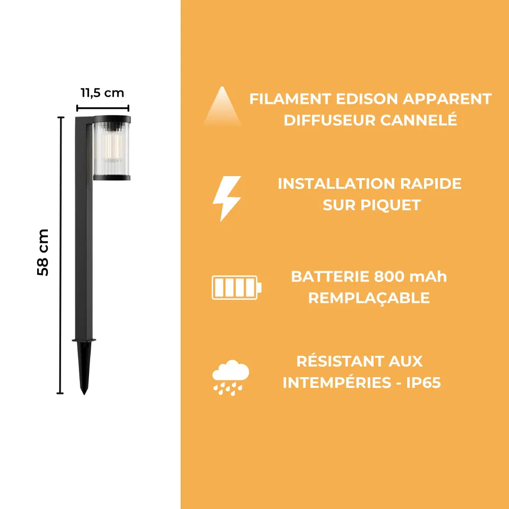 Borne Solaire Filament LED - Diffuseur Cannelé