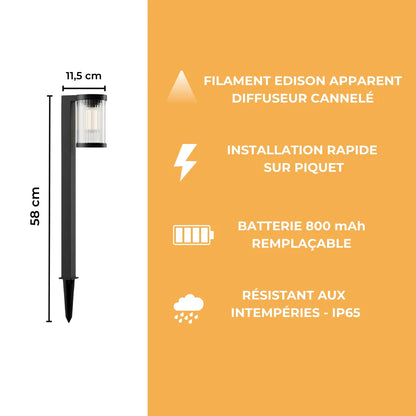 Borne Solaire Filament LED - Diffuseur Cannelé
