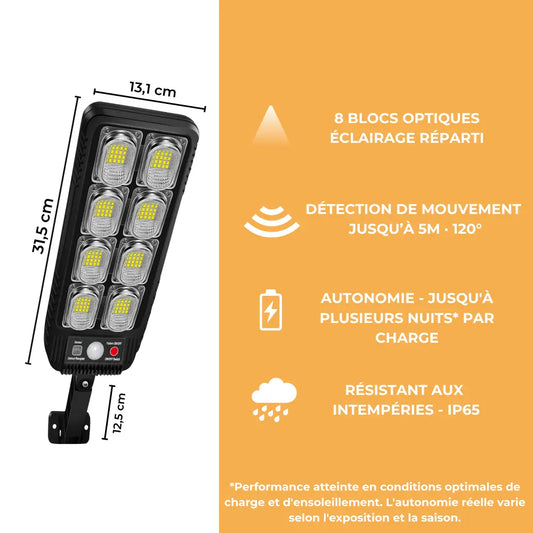 Lampadaire Solaire Mural 8 Optiques - 300 Lumens