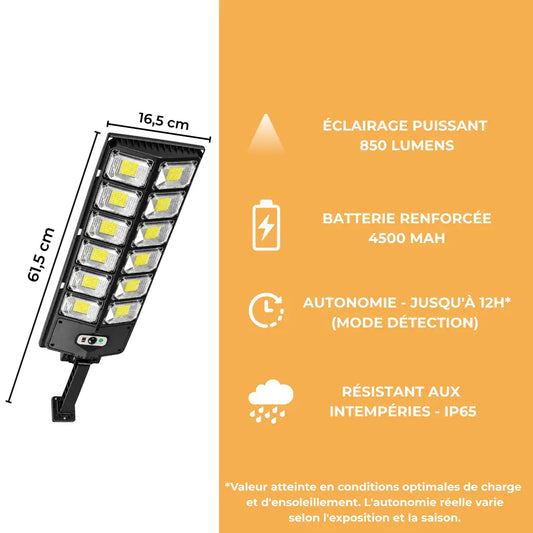 Lampadaire Solaire Mural Grand Format - 850 Lumens