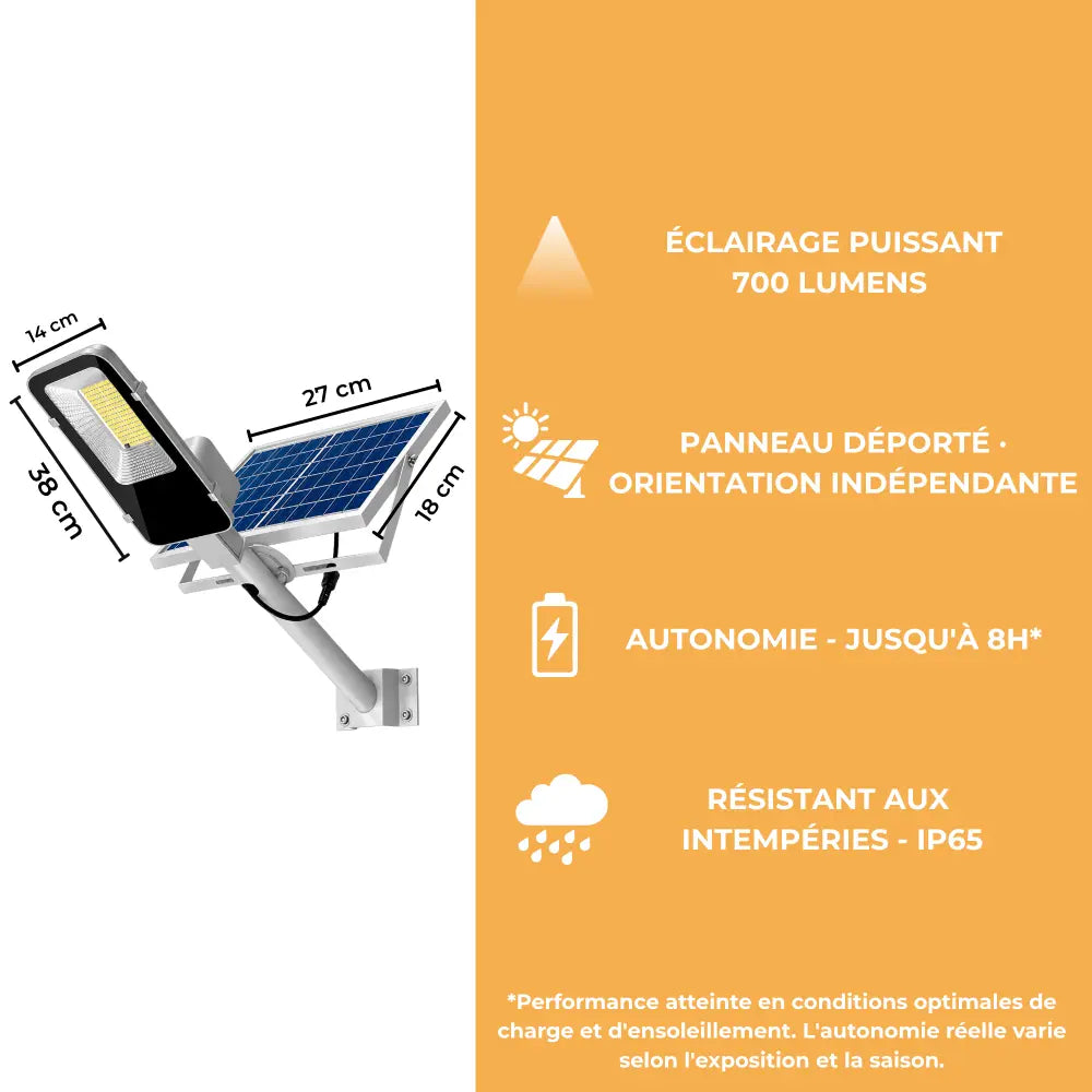 Lampadaire Solaire Panneau Déporté - 700 Lumens