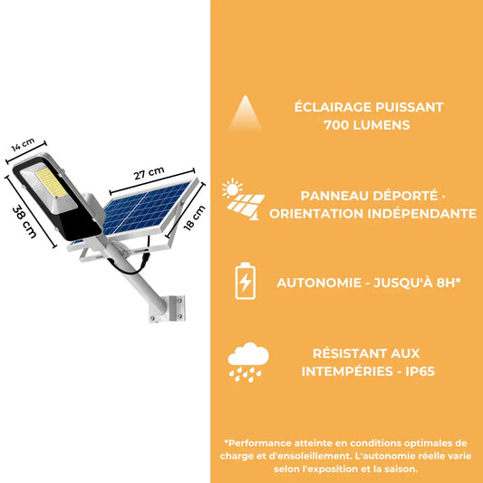 Lampadaire Solaire Panneau Déporté - 700 Lumens